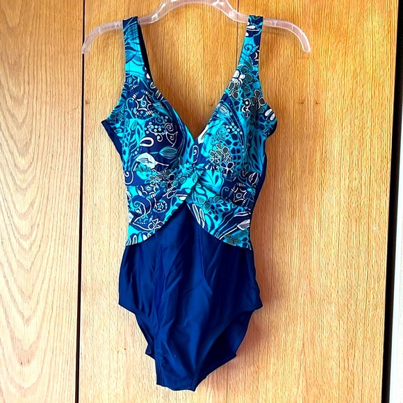 Size 10 LONG TALL beaded slimming one piece maillot swimsuit navy turquoise EUC